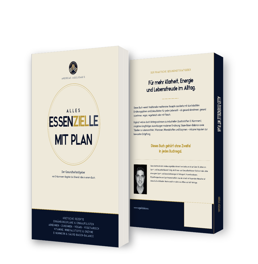 Zwei Exemplare des Buchs „Alles Essenzielle mit Plan“ von Andreas Agelidakis, eines von vorn mit sichtbarem Buchschnitt, eines von hinten mit Klappentext und Buchrücken